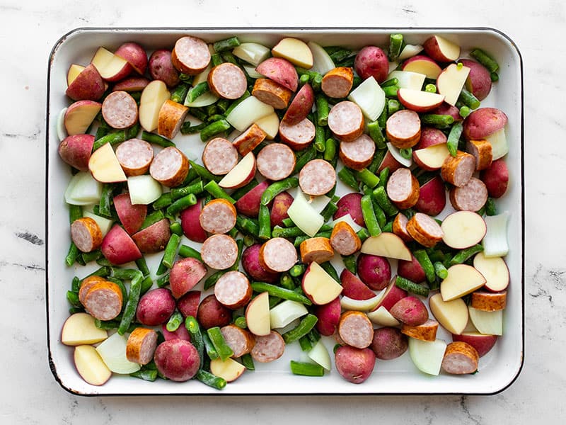 Chopped ingredients on the sheet pan