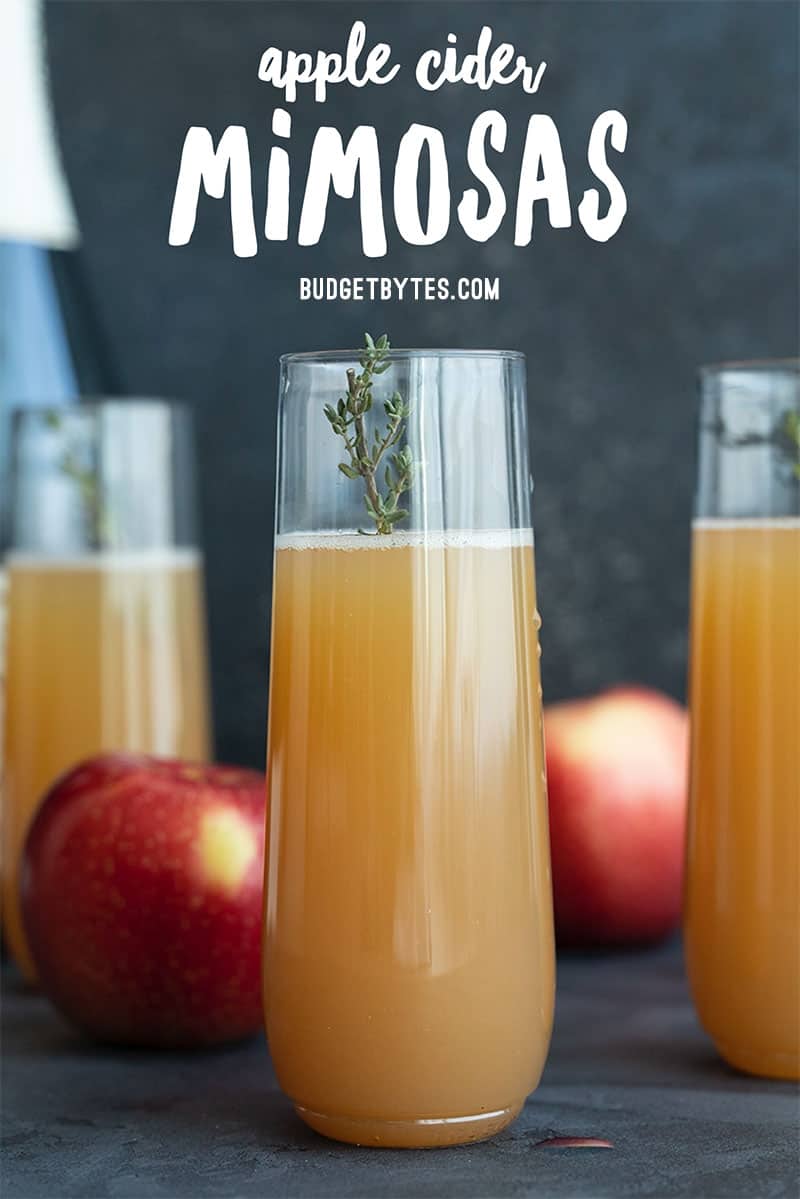 Three apple cider mimosas with title text at the top