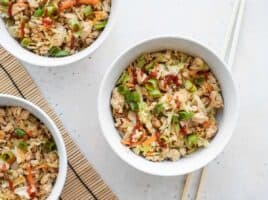 three bowls of quick tofu stir fry