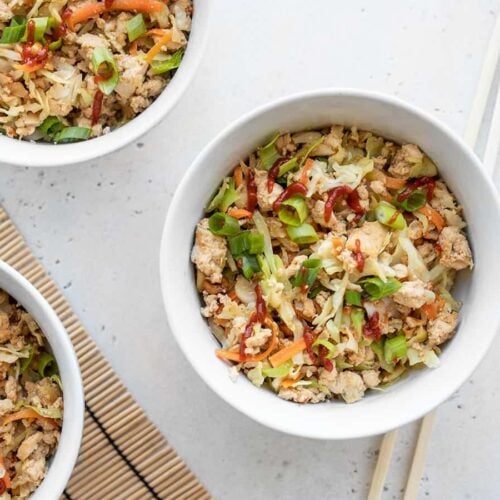 three bowls of quick tofu stir fry