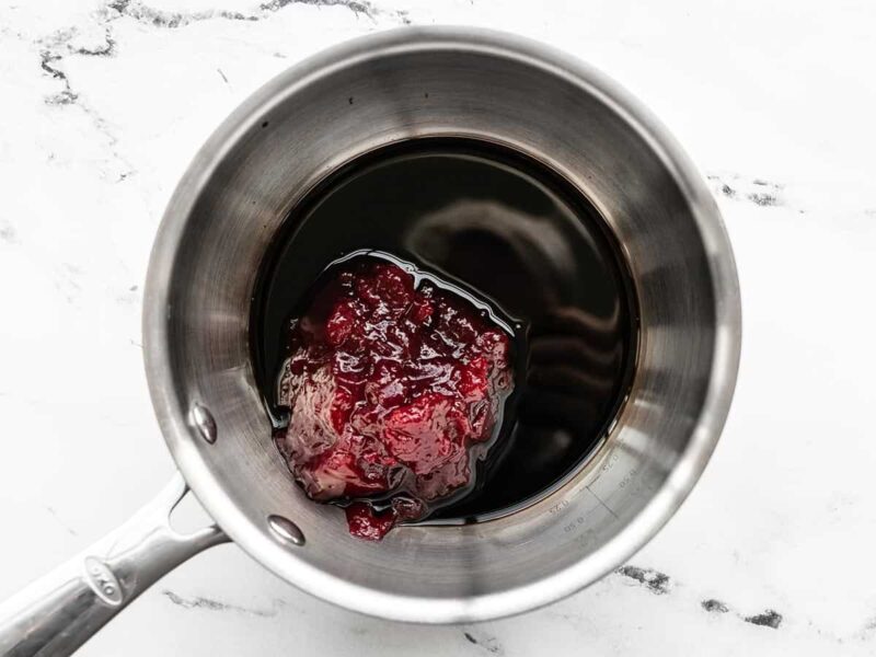 Cranberry sauce and balsamic vinegar in a small sacuepot