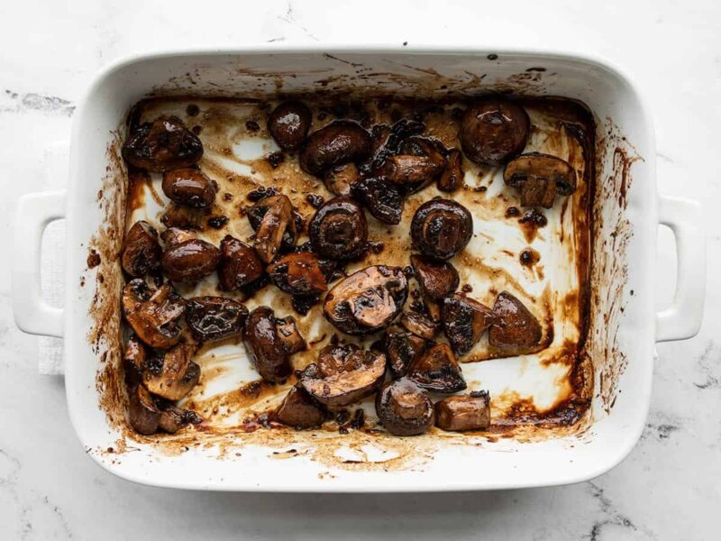 Stirred roasted mushrooms in the dish