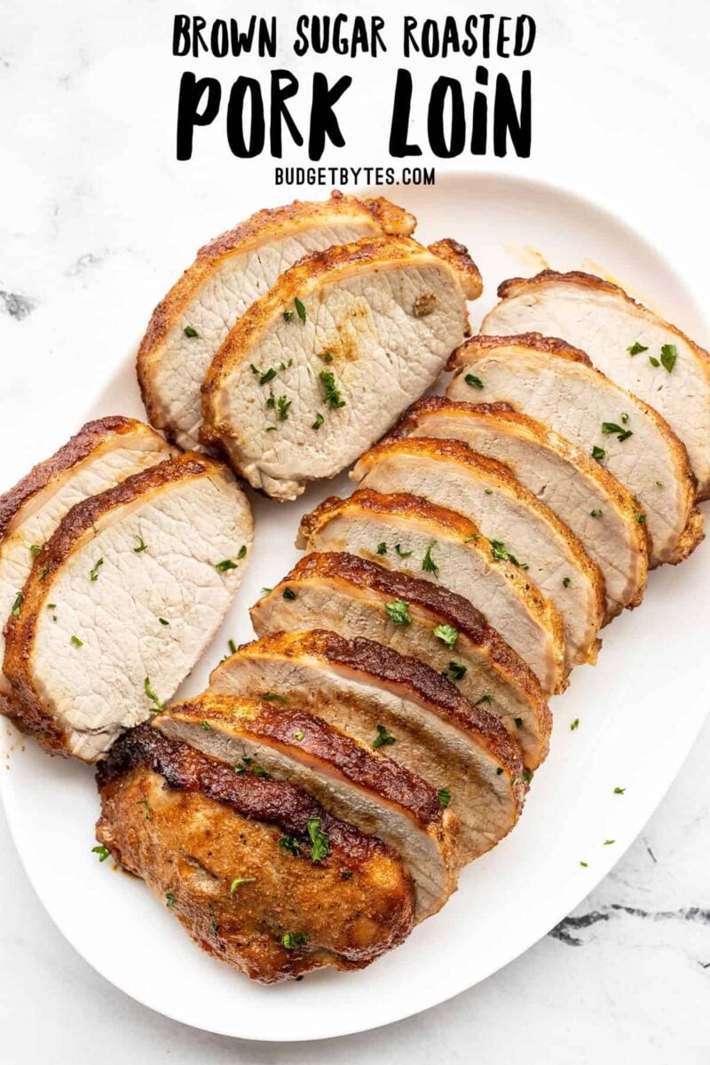 Brown Sugar Roasted Pork Loin sliced on a serving dish