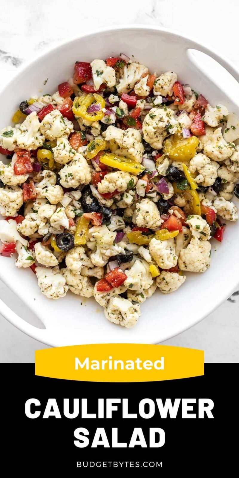 marinated cauliflower salad in a bowl, title text at the bottom