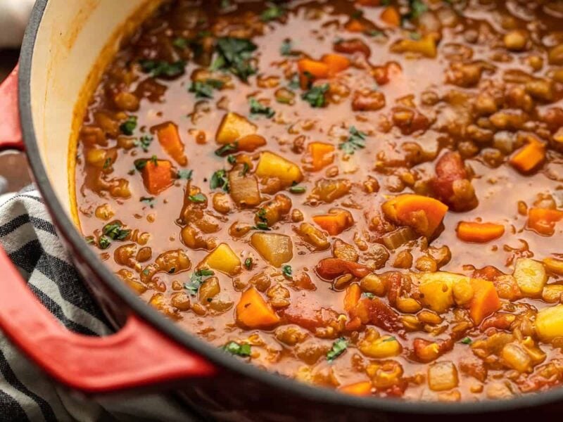 Close up side view of tomato lentil soup in the pot