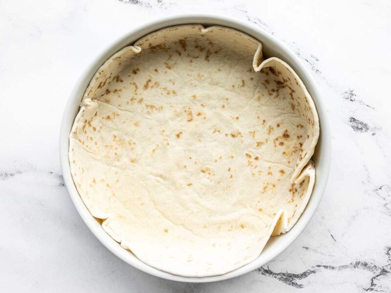 Tortilla pressed into the round dish