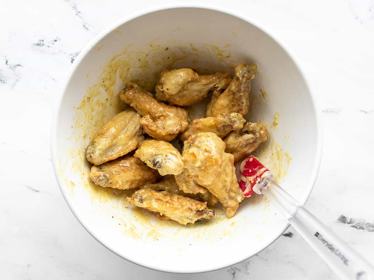 Finished honey mustard wings in a bowl