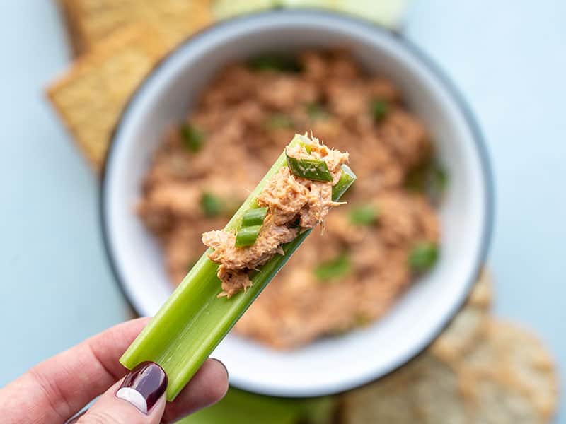 gochujang tuna salad stuffed into a celery stick