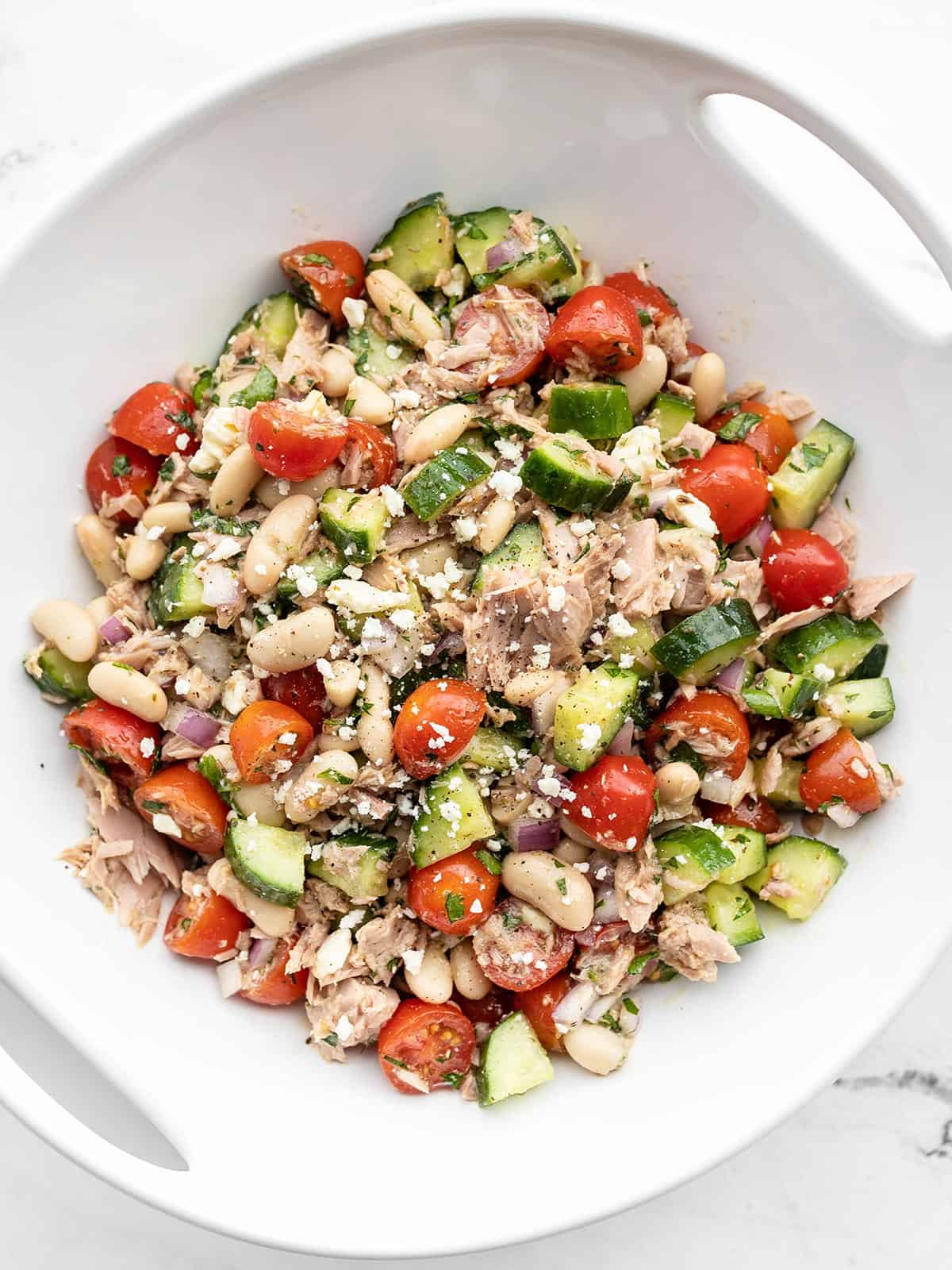 Mediterranean Tuna Salad in a white serving dish from above