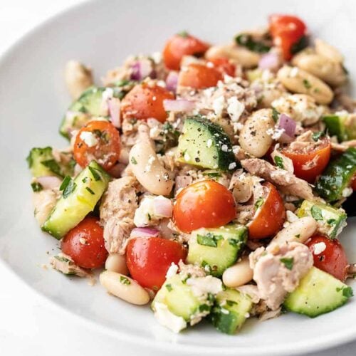 Close up side view of Mediterranean Tuna Salad in a bowl