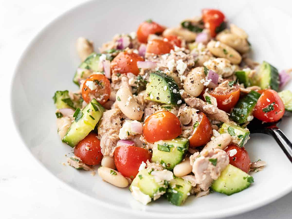 Close up side view of Mediterranean Tuna Salad in a bowl