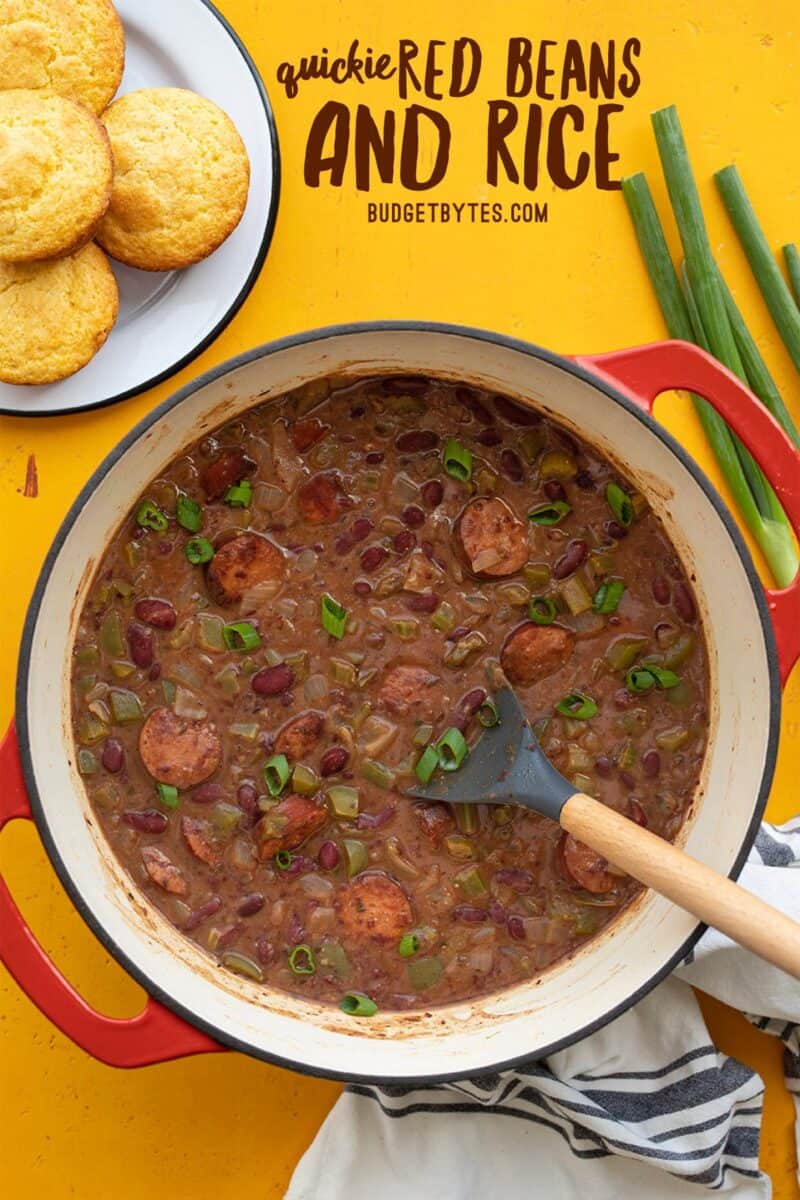 A pot full of Quickie Red Beans and Rice, title text at the top