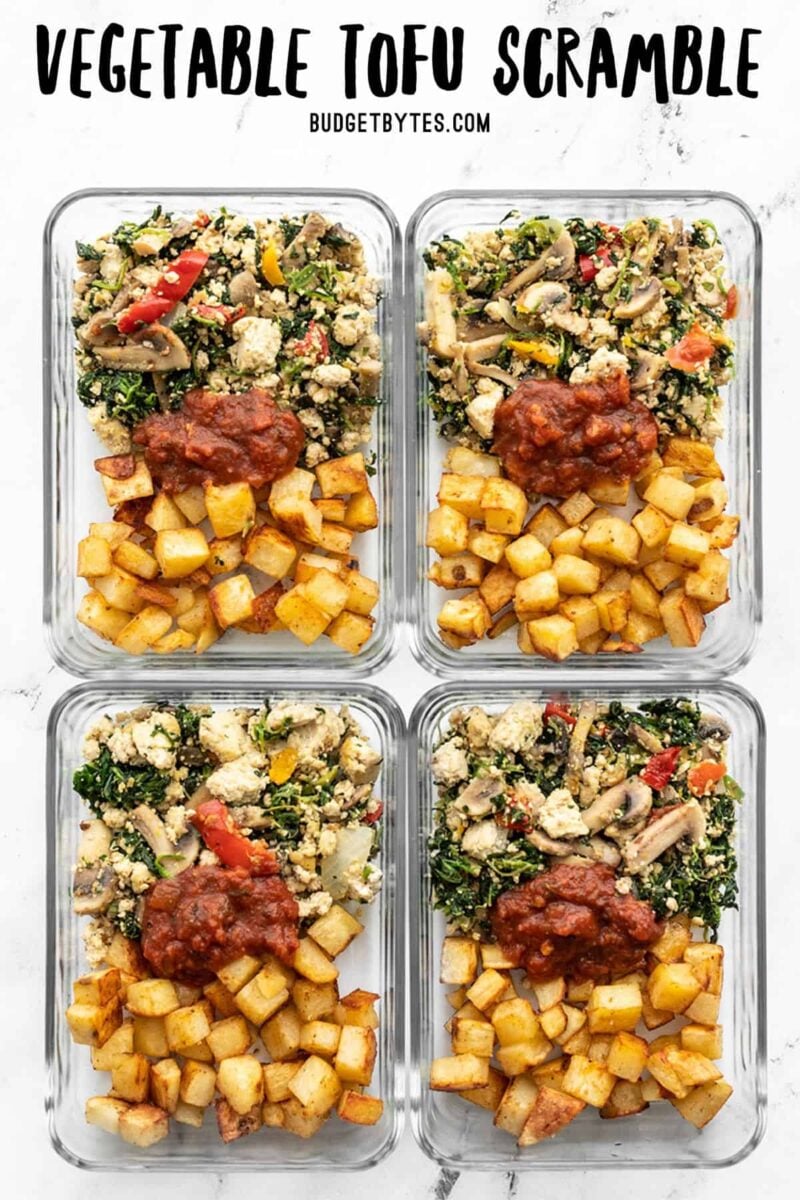 Vegetable tofu scramble and roasted potatoes in glass meal prep containers, title text at the top