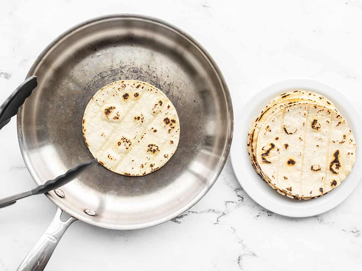 Toasted tortillas in a skillet