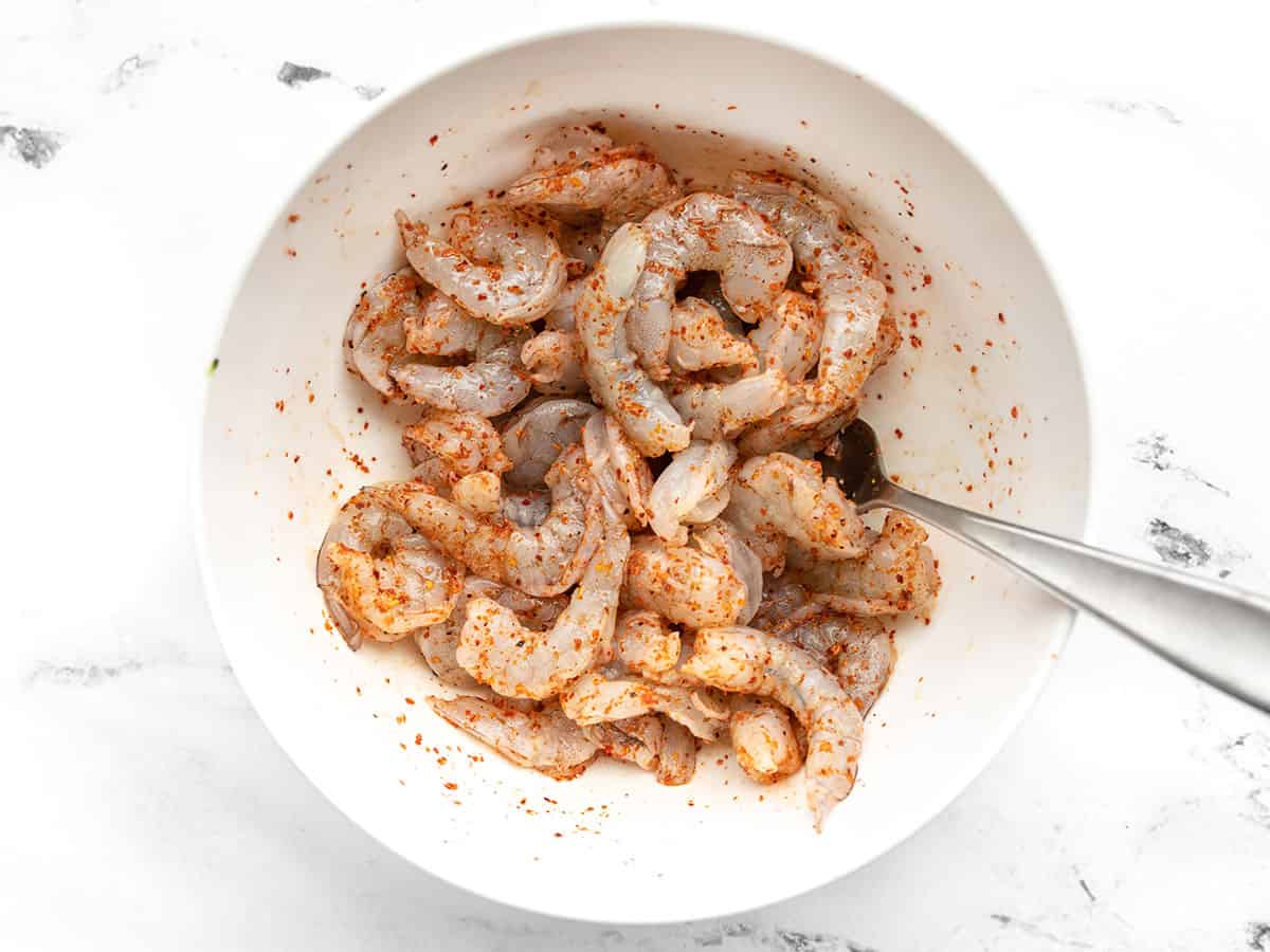 Shrimp seasoned with Tajín in a bowl