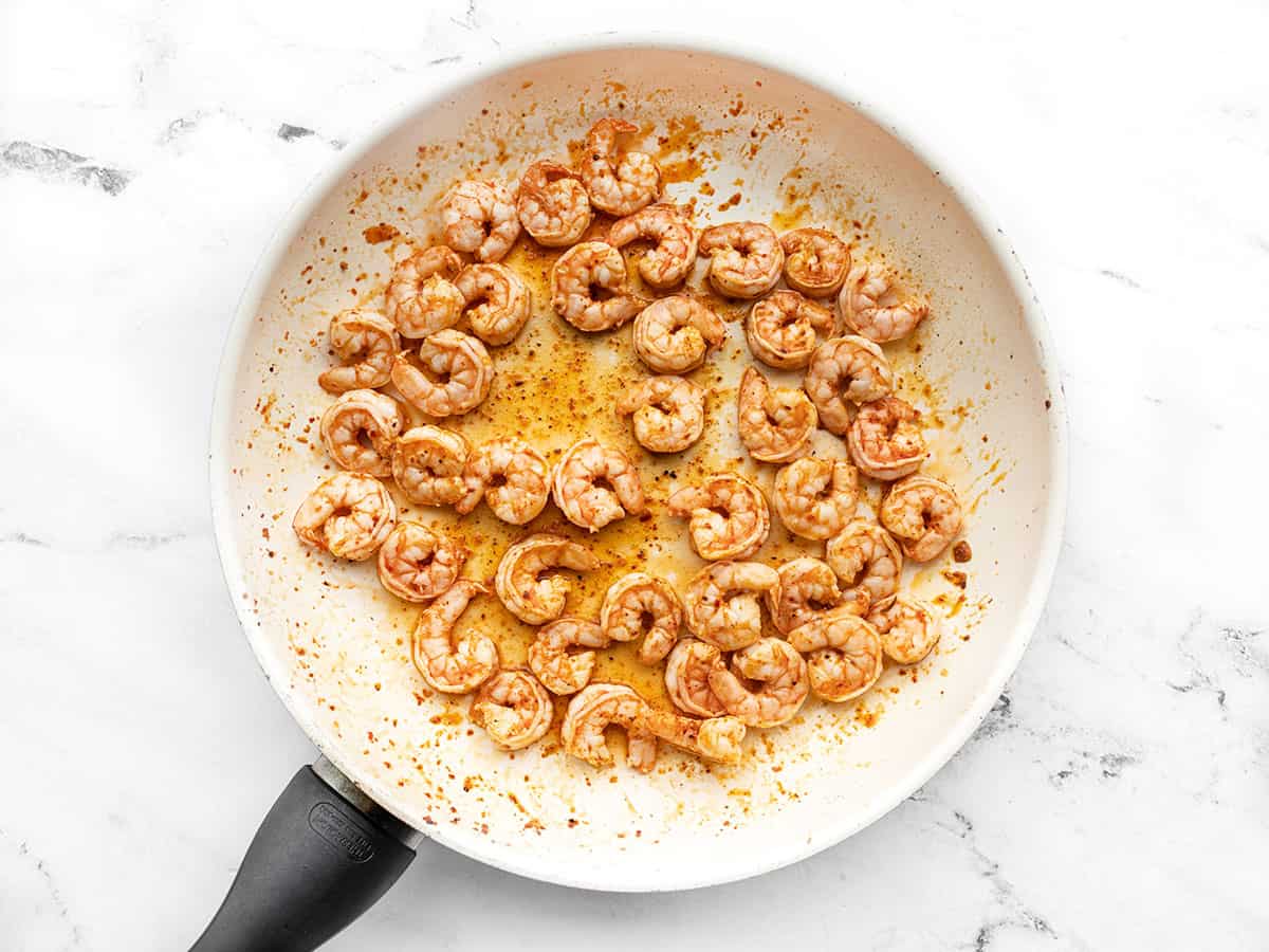 Cooked shrimp in a skillet