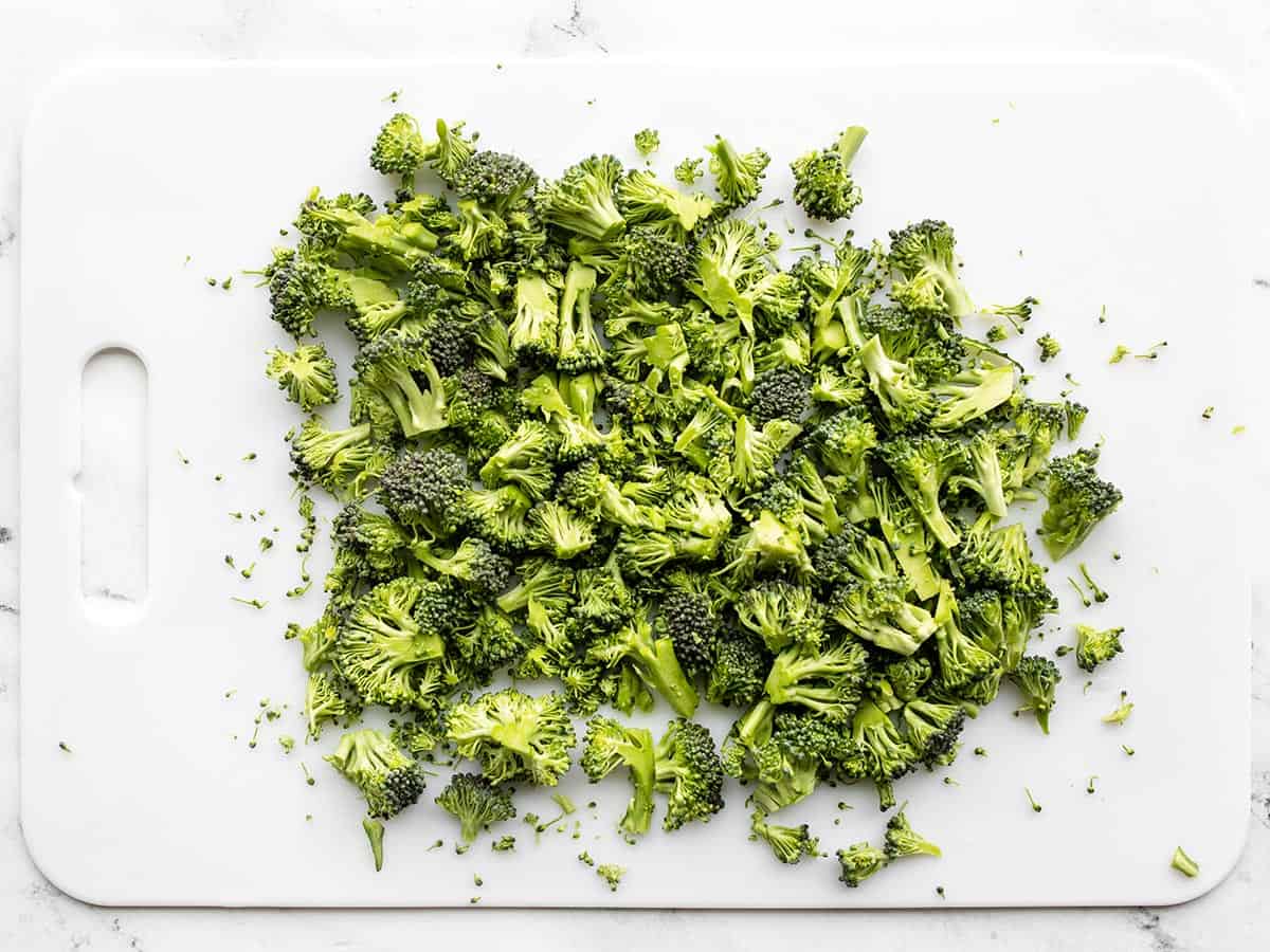 Chopped broccoli on a cutting board