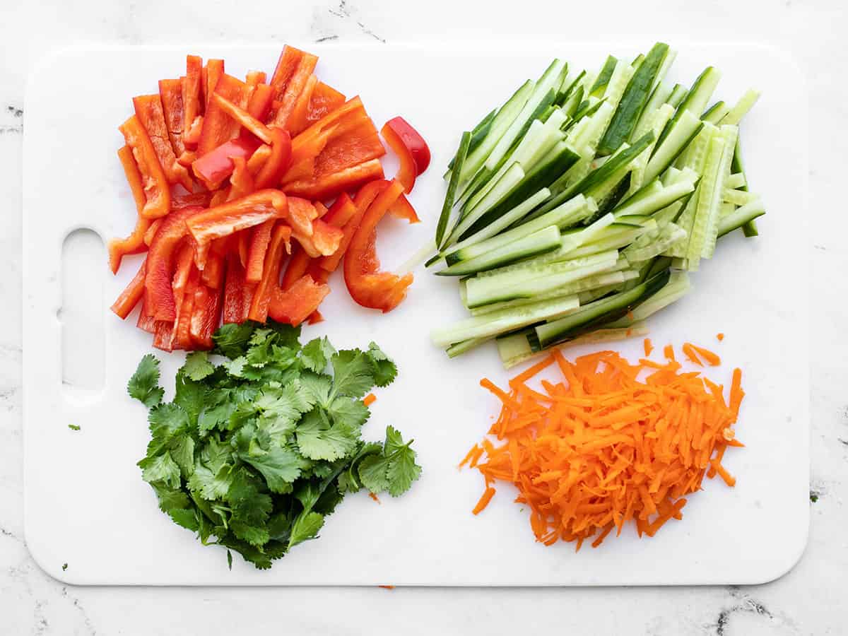 Prepped vegetables on a cutting board