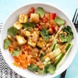 Overhead view of a peanut tofu noodle bowl on a blue background and a fork on the side