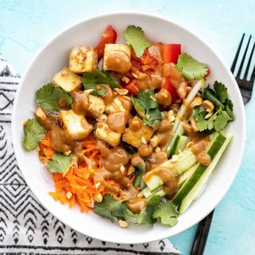 Overhead view of a peanut tofu noodle bowl with a black fork on the side