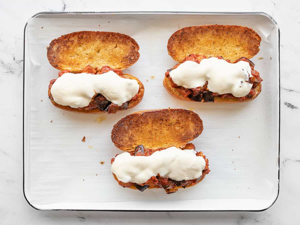 Baked eggplant sandwiches on the baking sheet