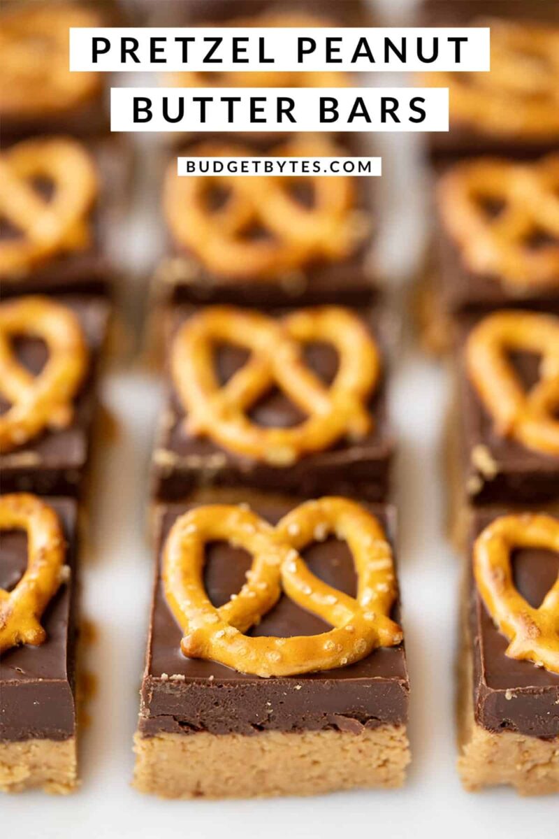 front view of no bake pretzel peanut butter bars, title text at the top