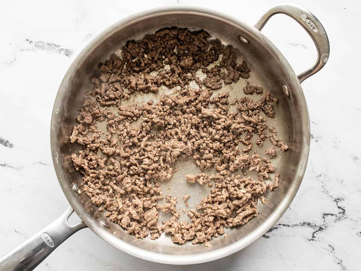 browned ground beef in a skillet