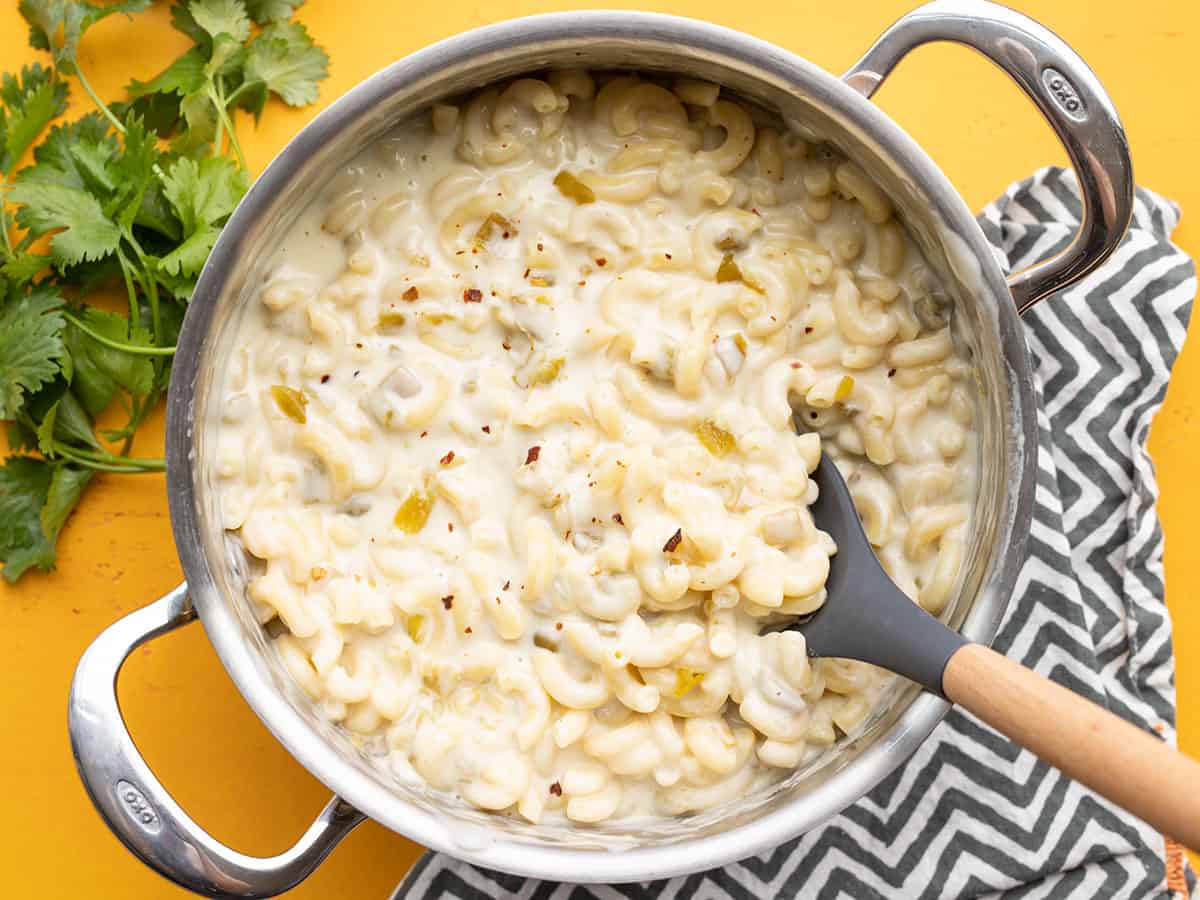 Overhead view of a pot full of green chile mac and cheese