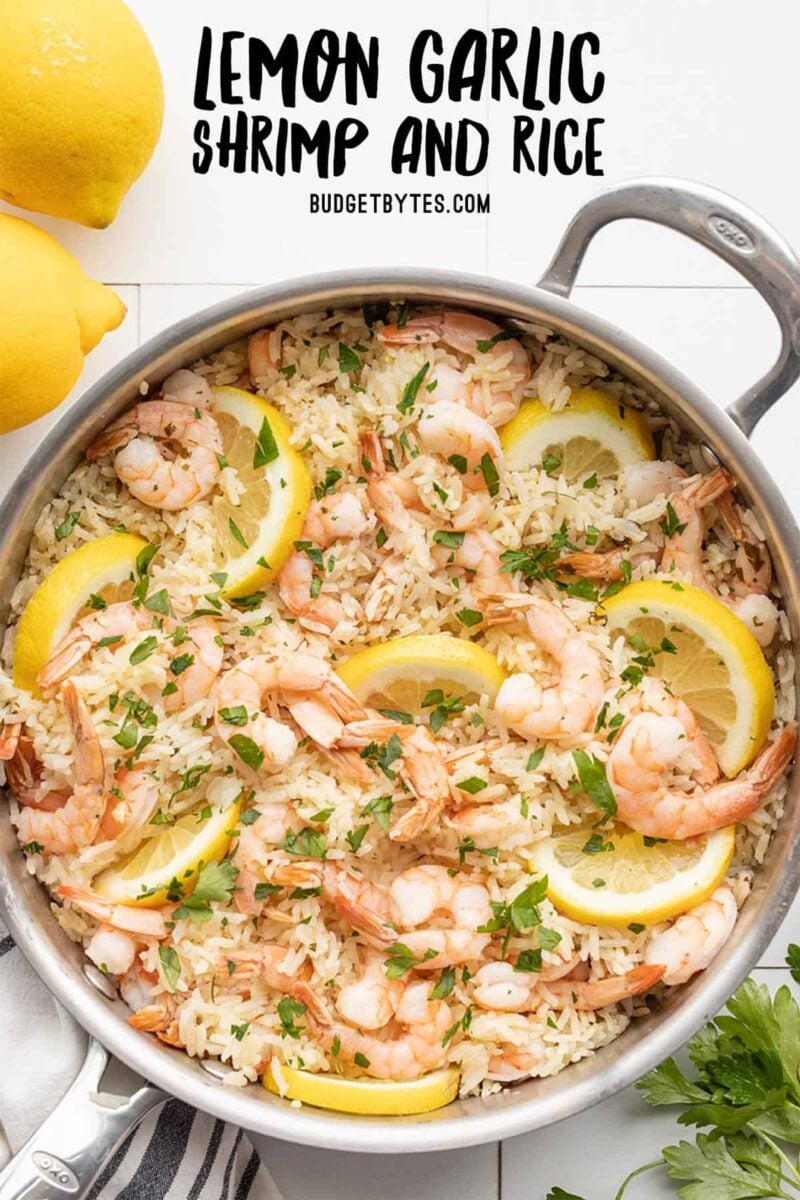 lemon garlic shrimp and rice in a skillet, title text at the top