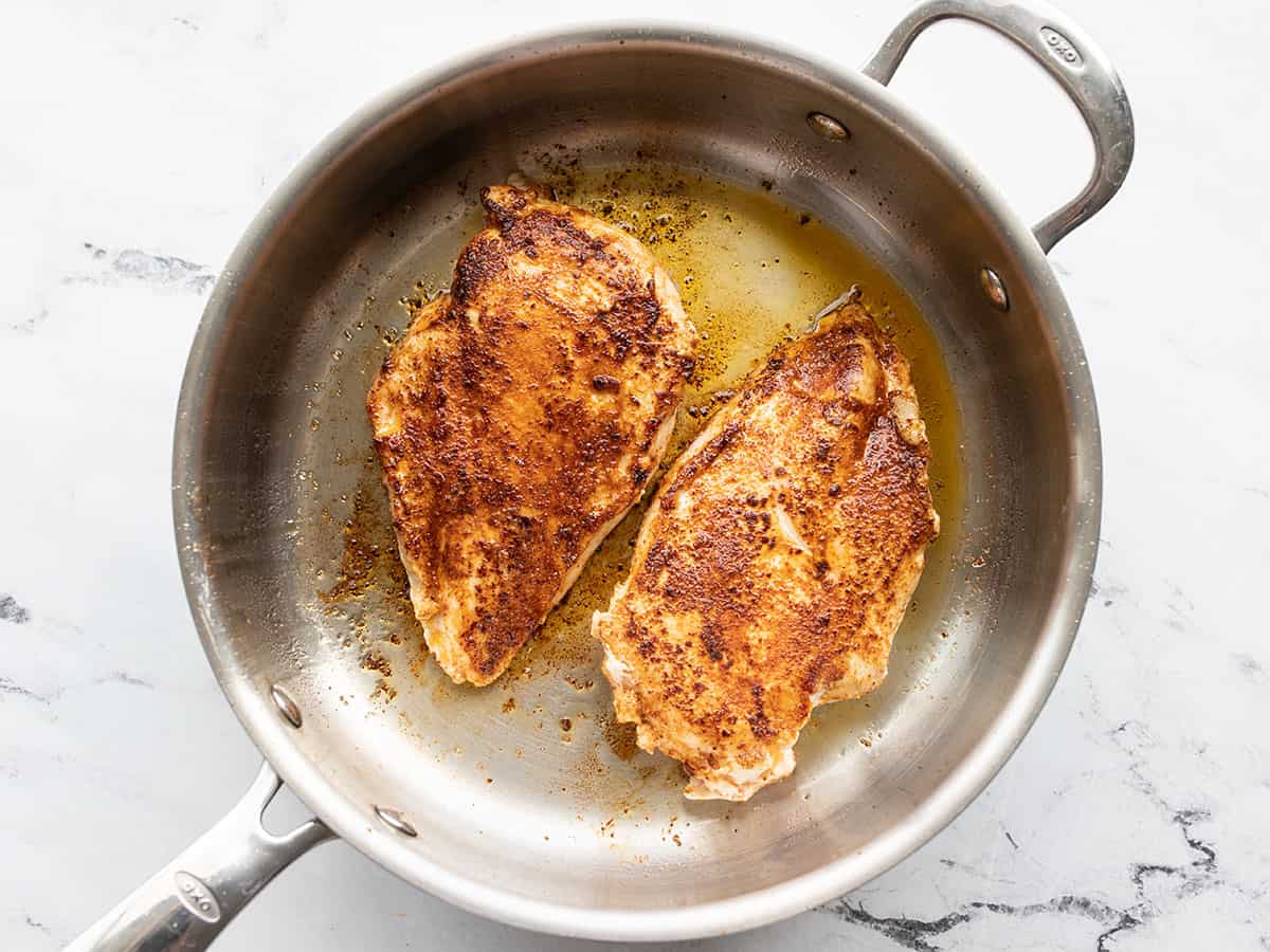 Cooked chicken in a skillet