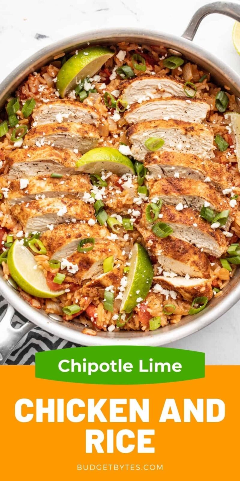 chipotle lime chicken and rice in a skillet, title text at the bottom