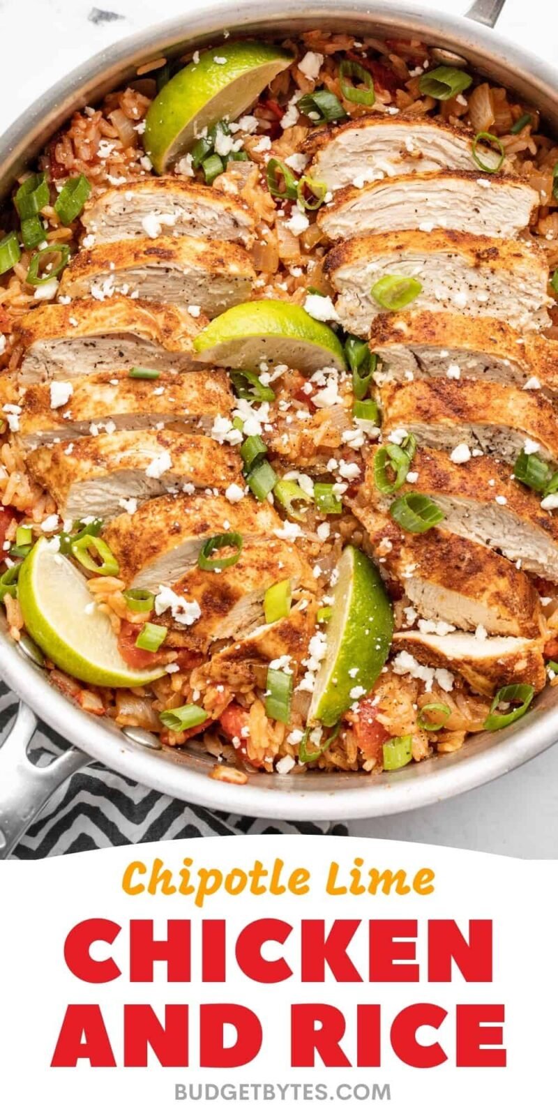 Chipotle lime chicken and rice in a skillet, title text at the bottom