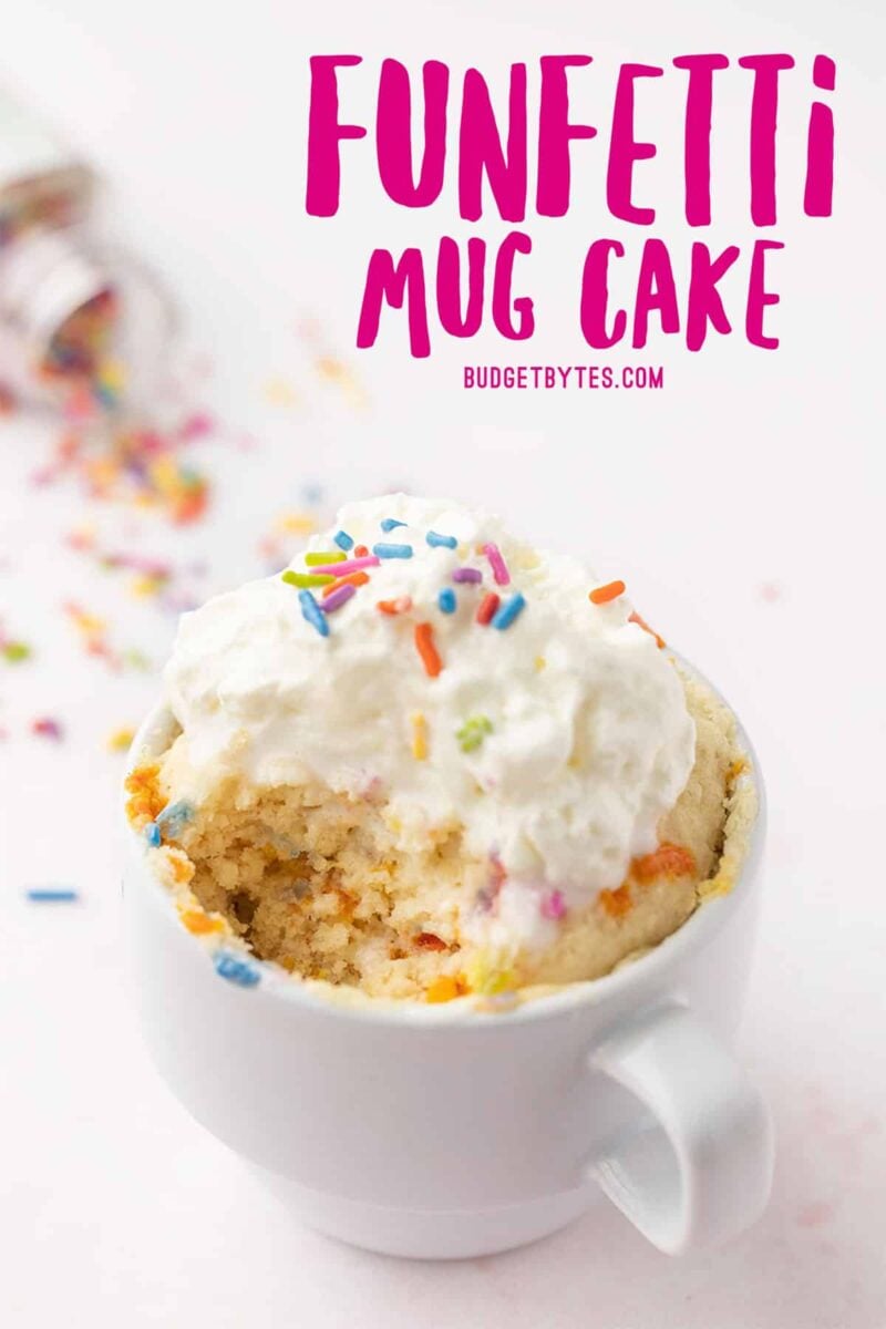 Funfetti mug cake with a bite taken out, title text at the top