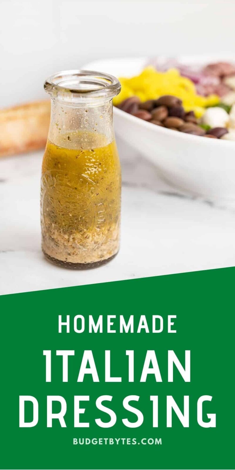 Italian dressing in a glass carafe with title text at the bottom