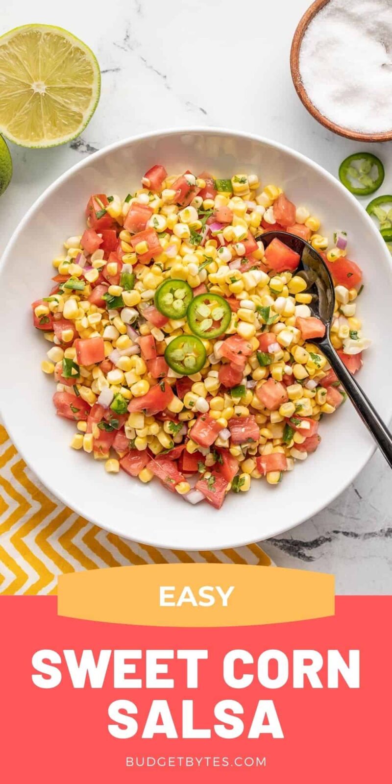 sweet corn salsa in a bowl with title text at the bottom