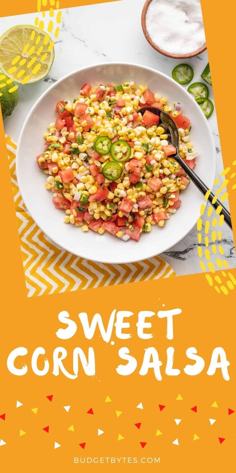 a bowl of sweet corn salsa on an orange background, title text at the bottom