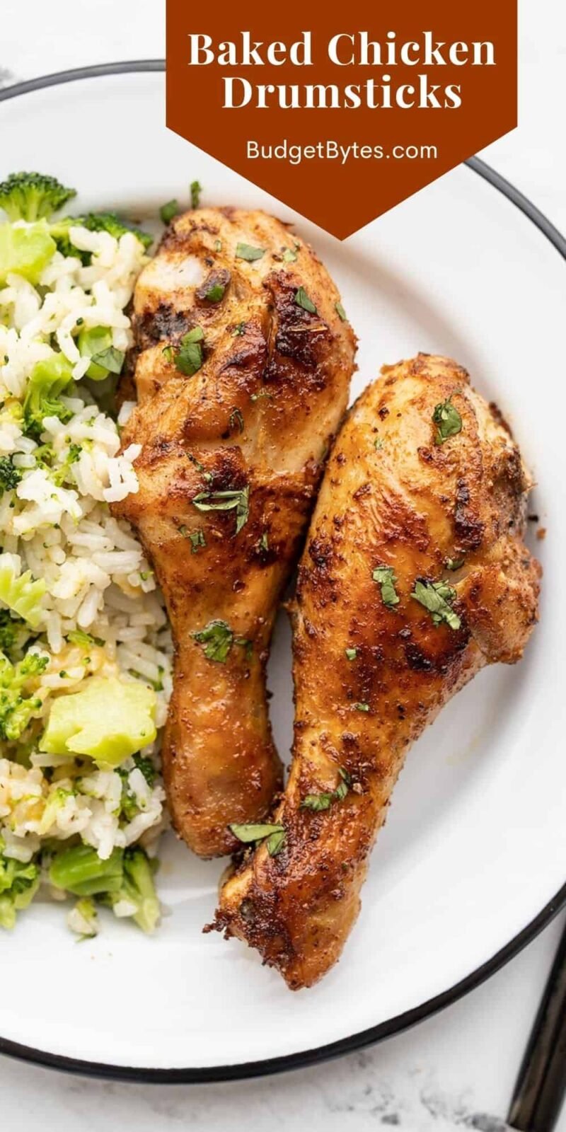 two drumsticks on a plate with broccoli rice, title text at the top