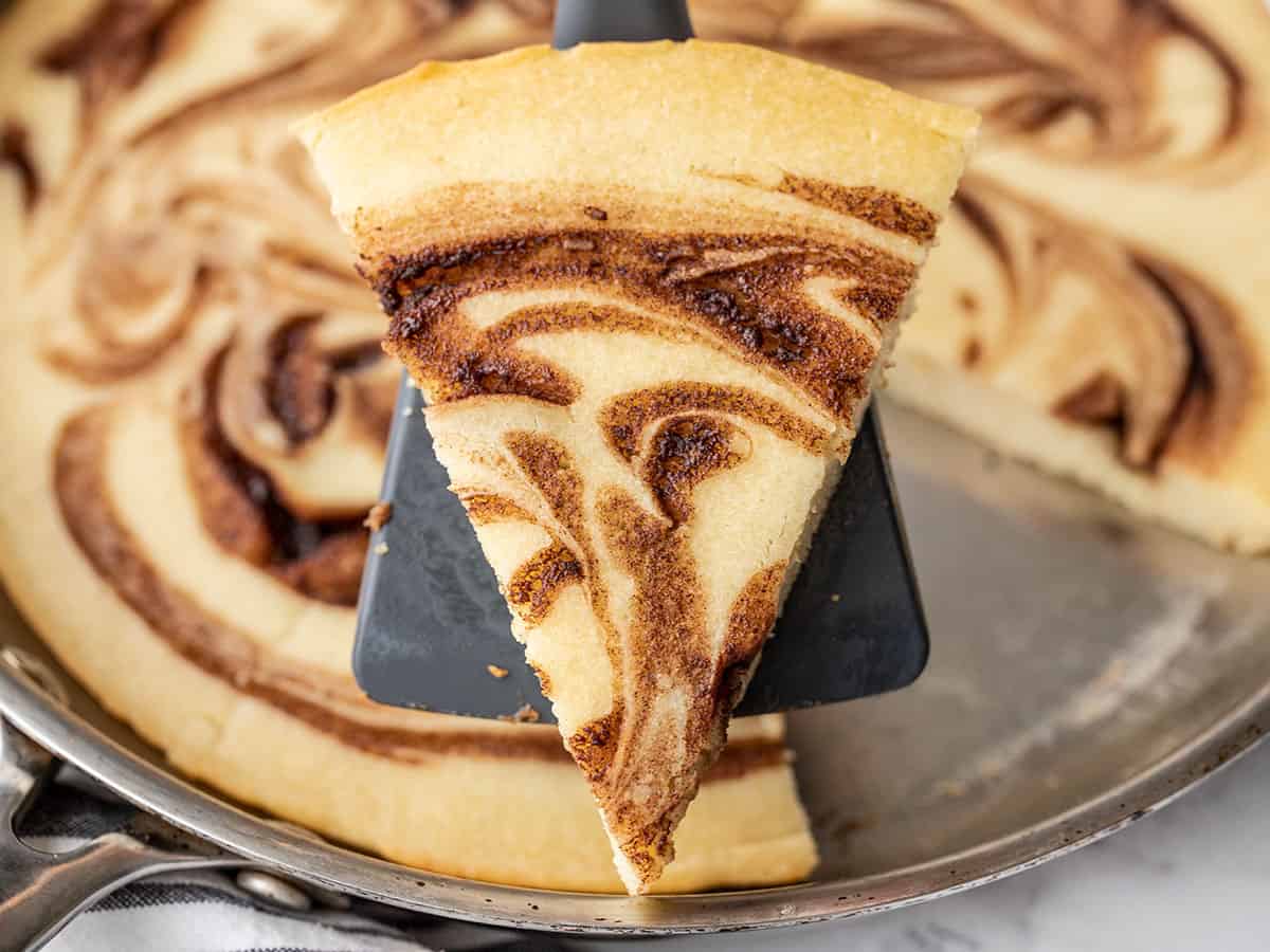 close up of one slice of oven pancake on a spatula