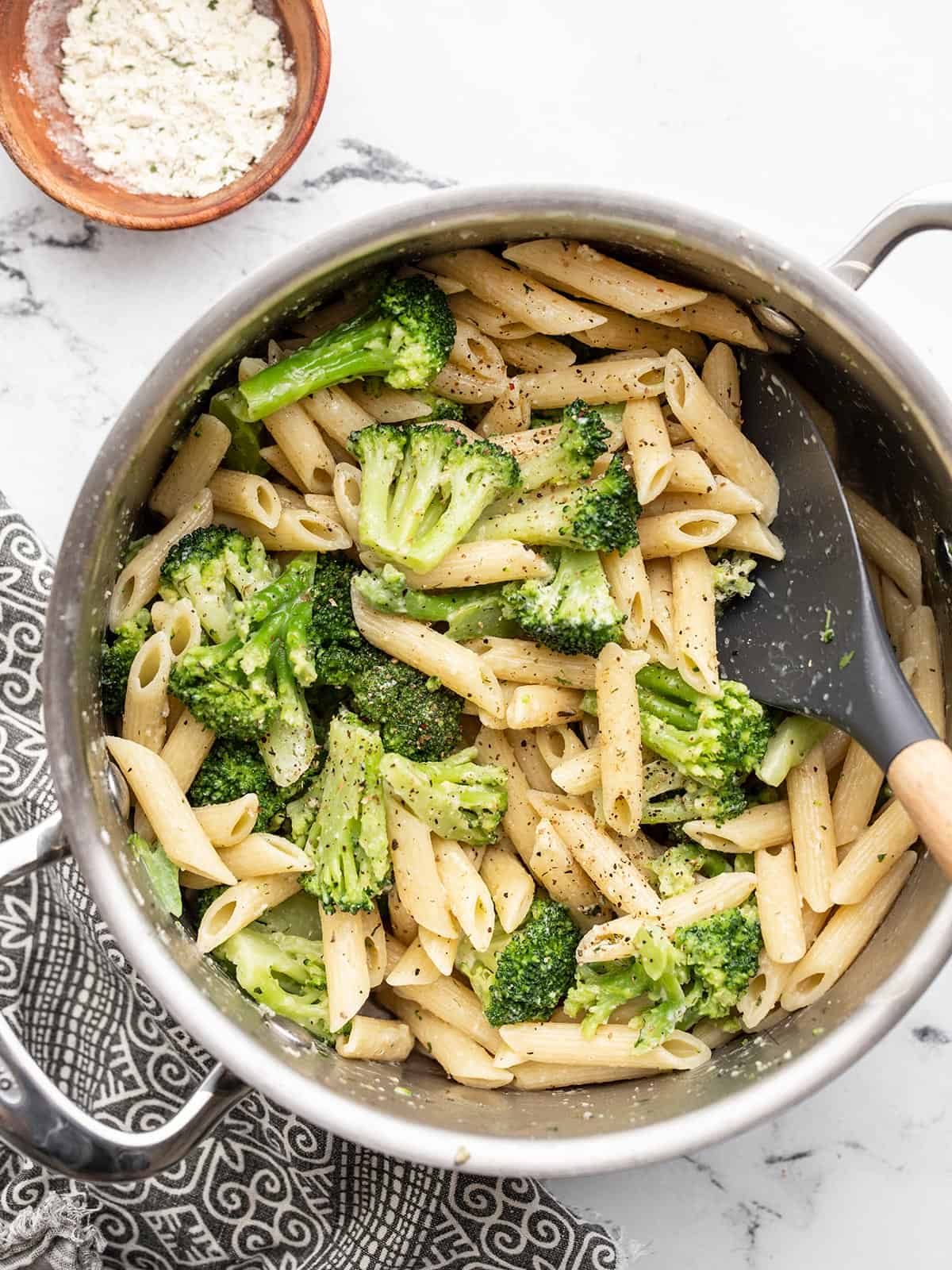 Overhead view of a pot full of ranch broccoli pasta