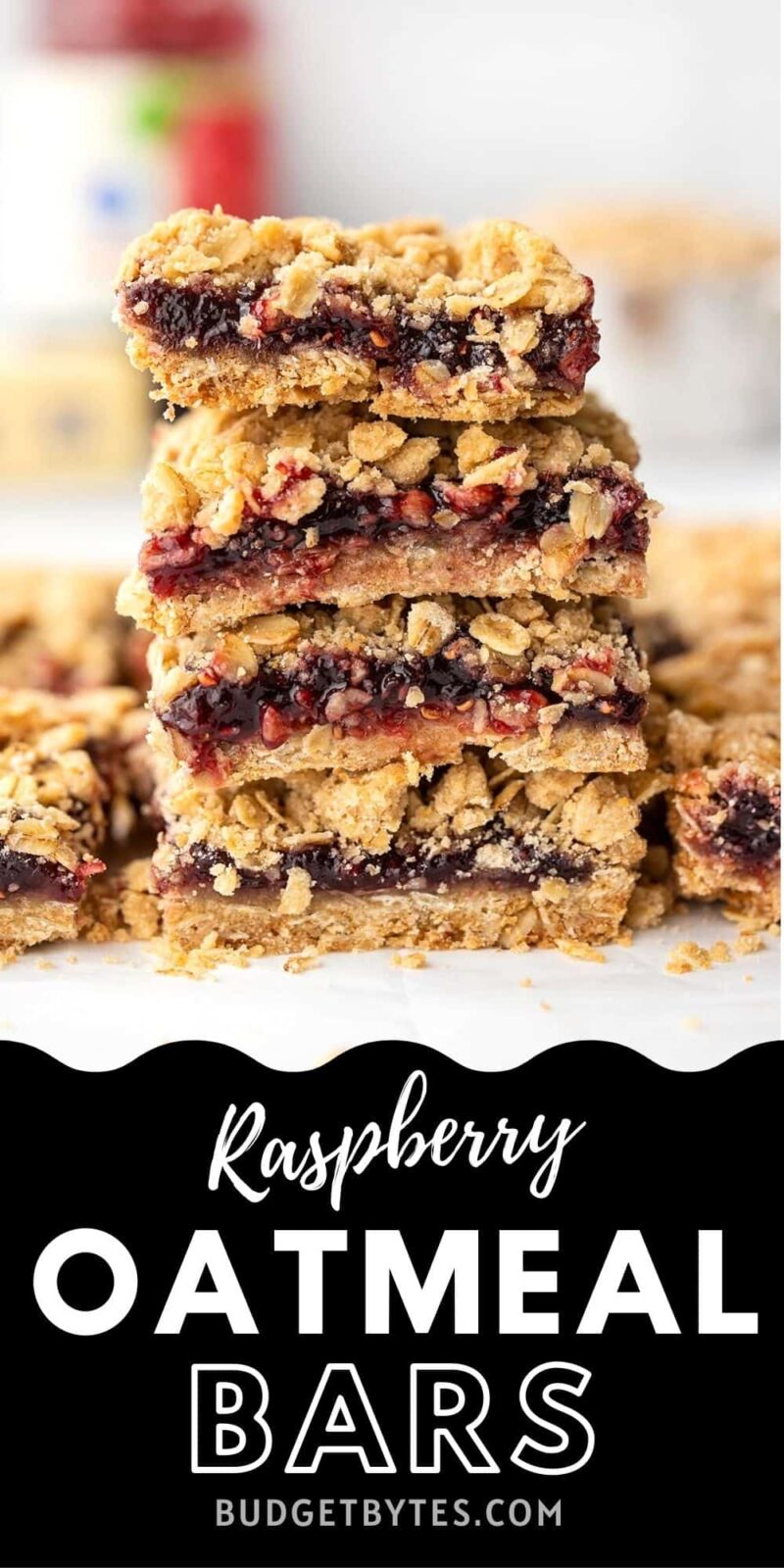 Raspberry Oatmeal Bars stacked, title text at the bottom