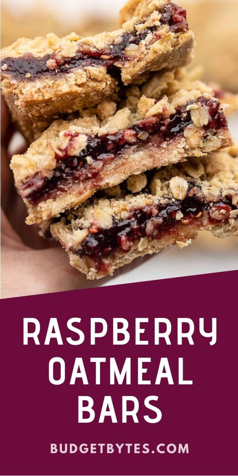 A stack of raspberry oatmeal bars held in a hand, title text at the bottom