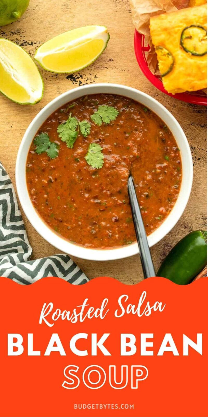 A bowl of Roasted Salsa and Black Bean Soup, title text at the bottom