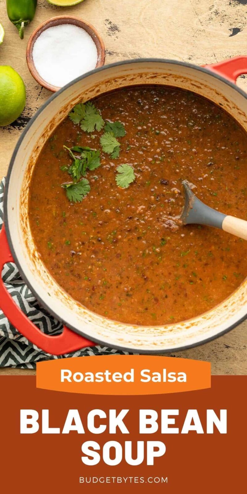 A pot full of roasted salsa and black bean soup, title text at the bottom