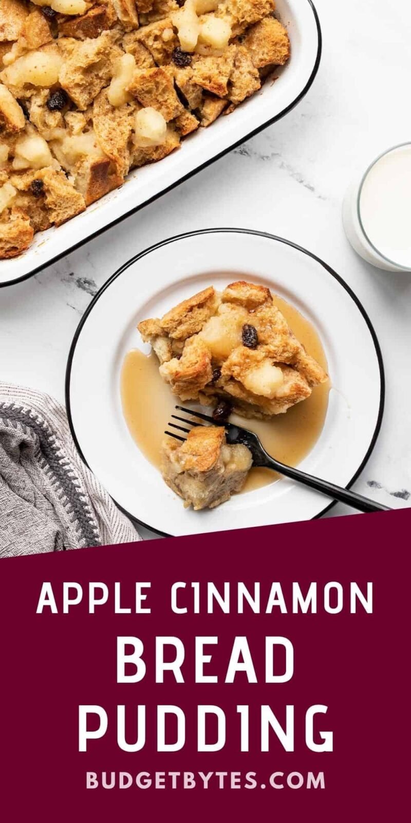 Overhead view of a piece of bread pudding on a plate with a fork, title text at the bottom