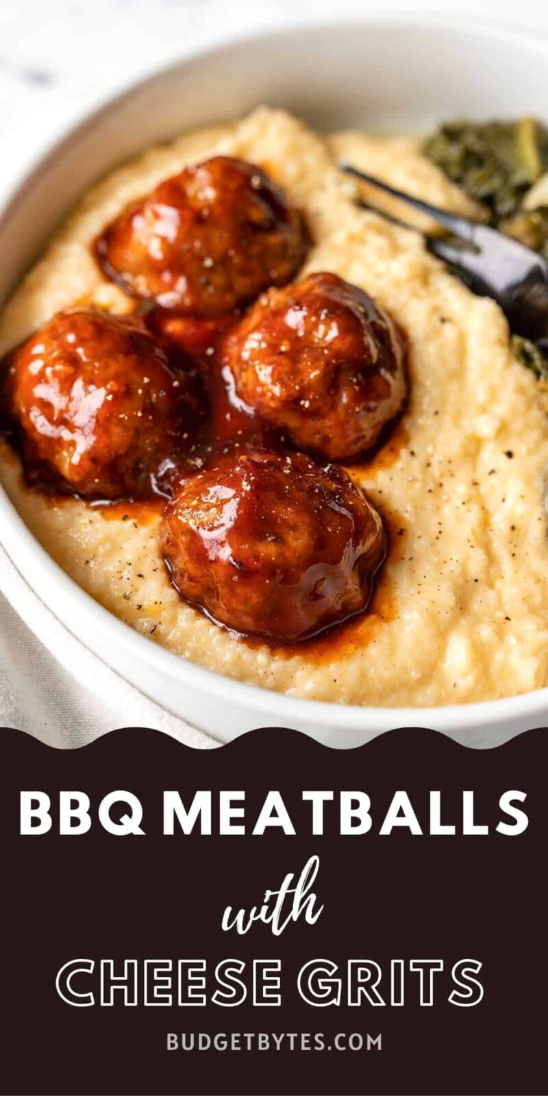 Close up side view of bbq meatballs with cheese grits, title text at the bottom