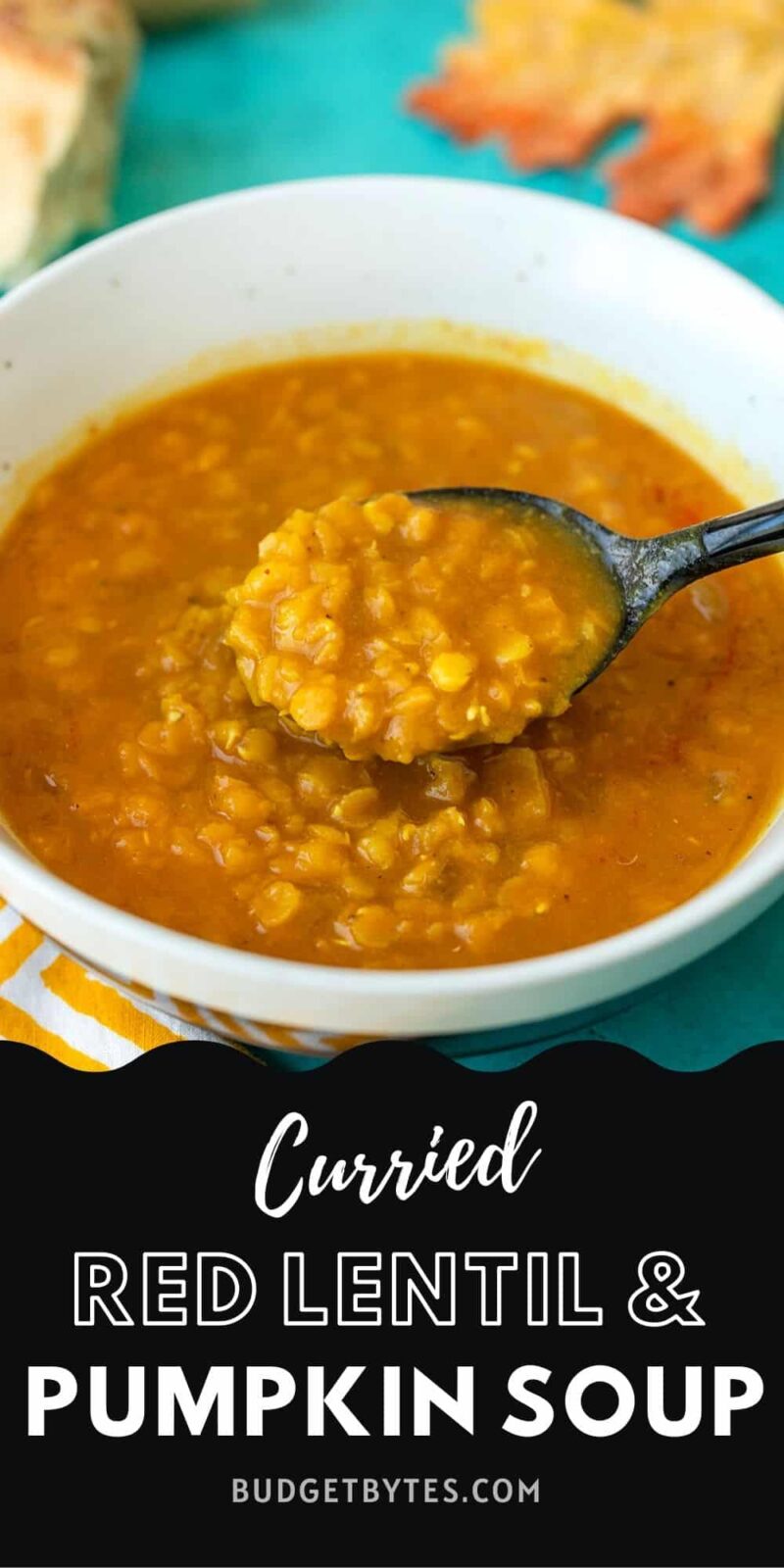 close up of a bowl of lentil and pumpkin soup with a spoonful being lifted