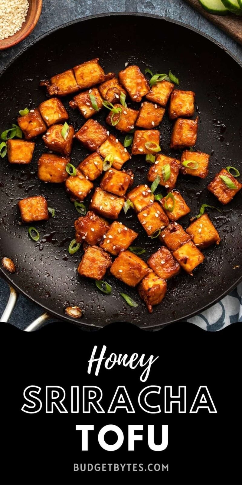 honey sriracha tofu in a skillet, title text at the bottom