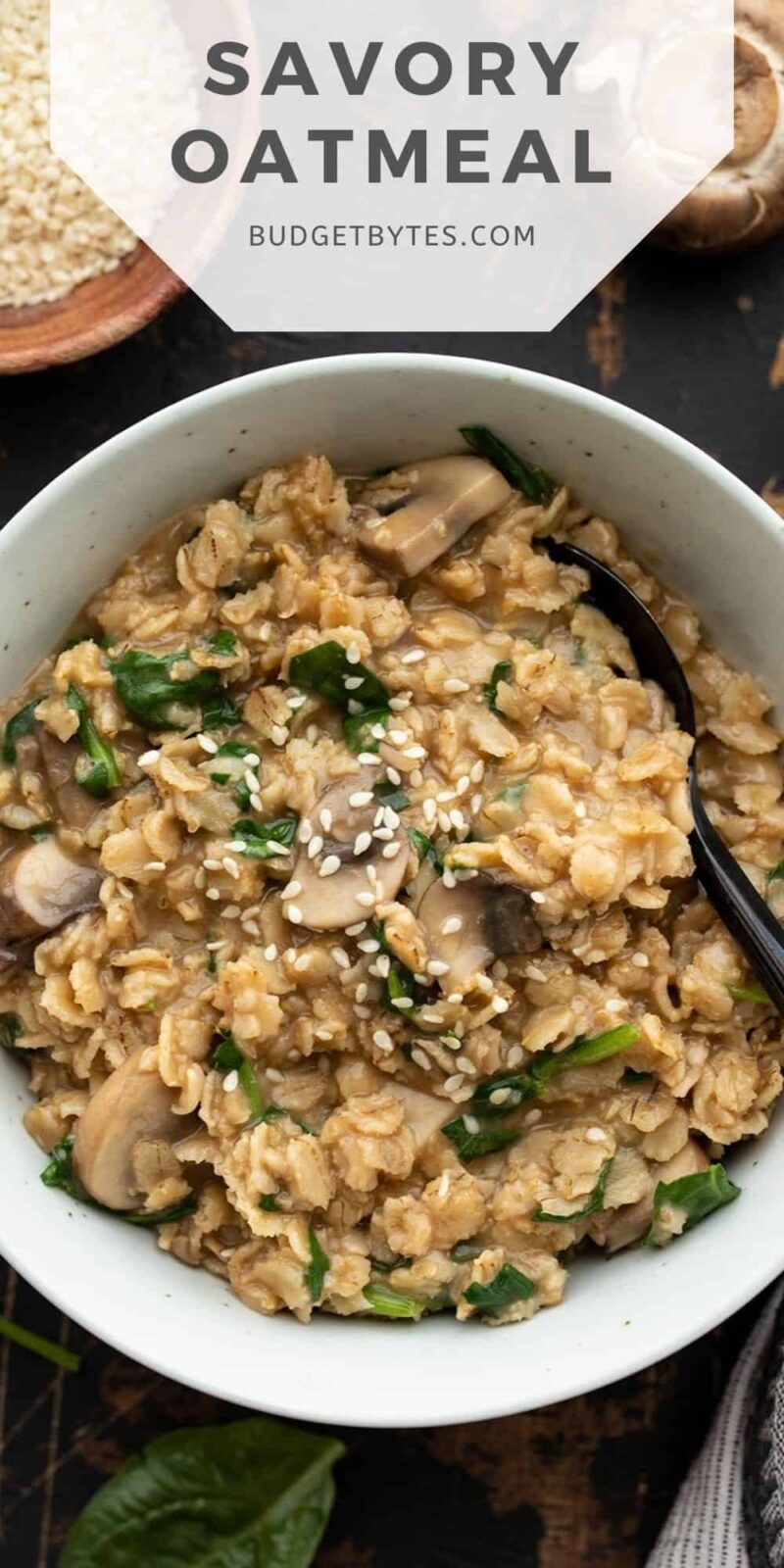 Overhead view of a bowl of savory oatmeal, title text at the top