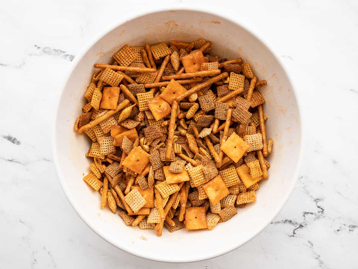 Seasoned snack mix in the bowl, unbaked