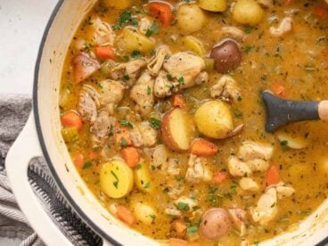 Close up of a pot full of chicken stew